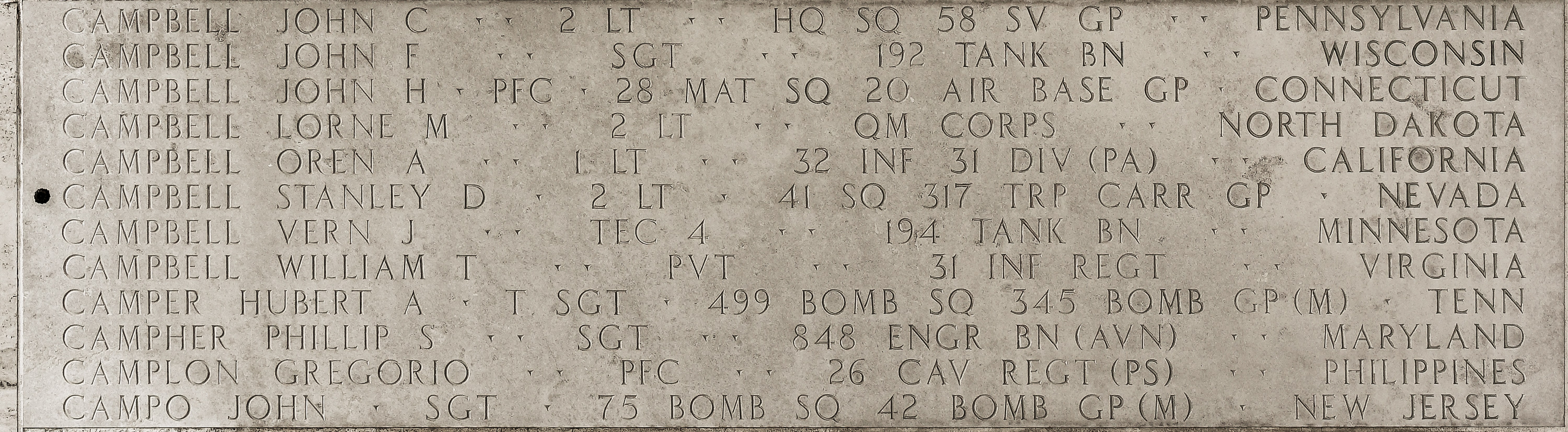 Stanley D. Campbell, Second Lieutenant